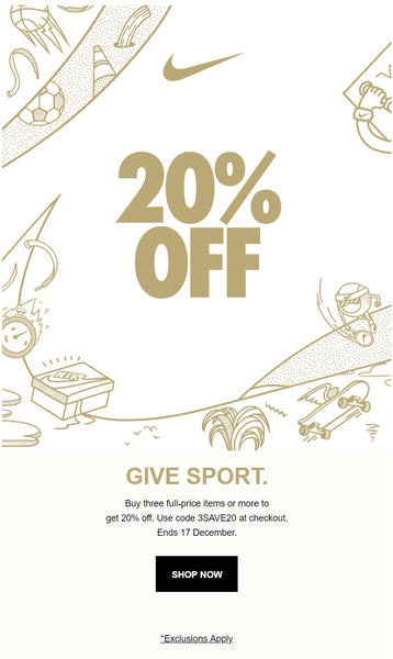 Nike] 20% off three full-price items or 