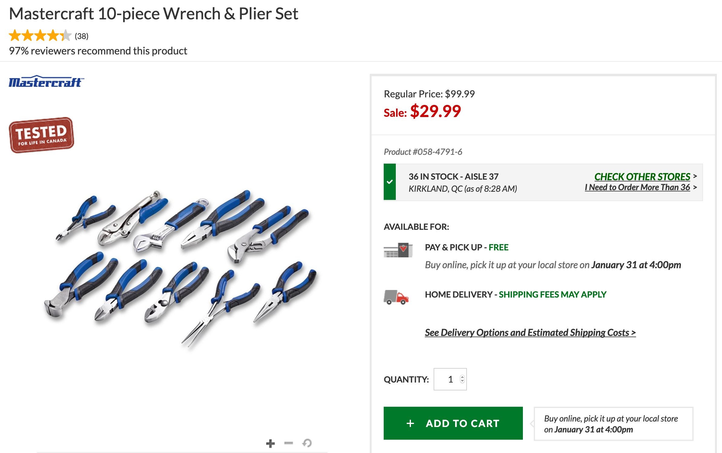 Canadian Tire] $29.99 Mastercraft 10-piece Wrench & Plier Set