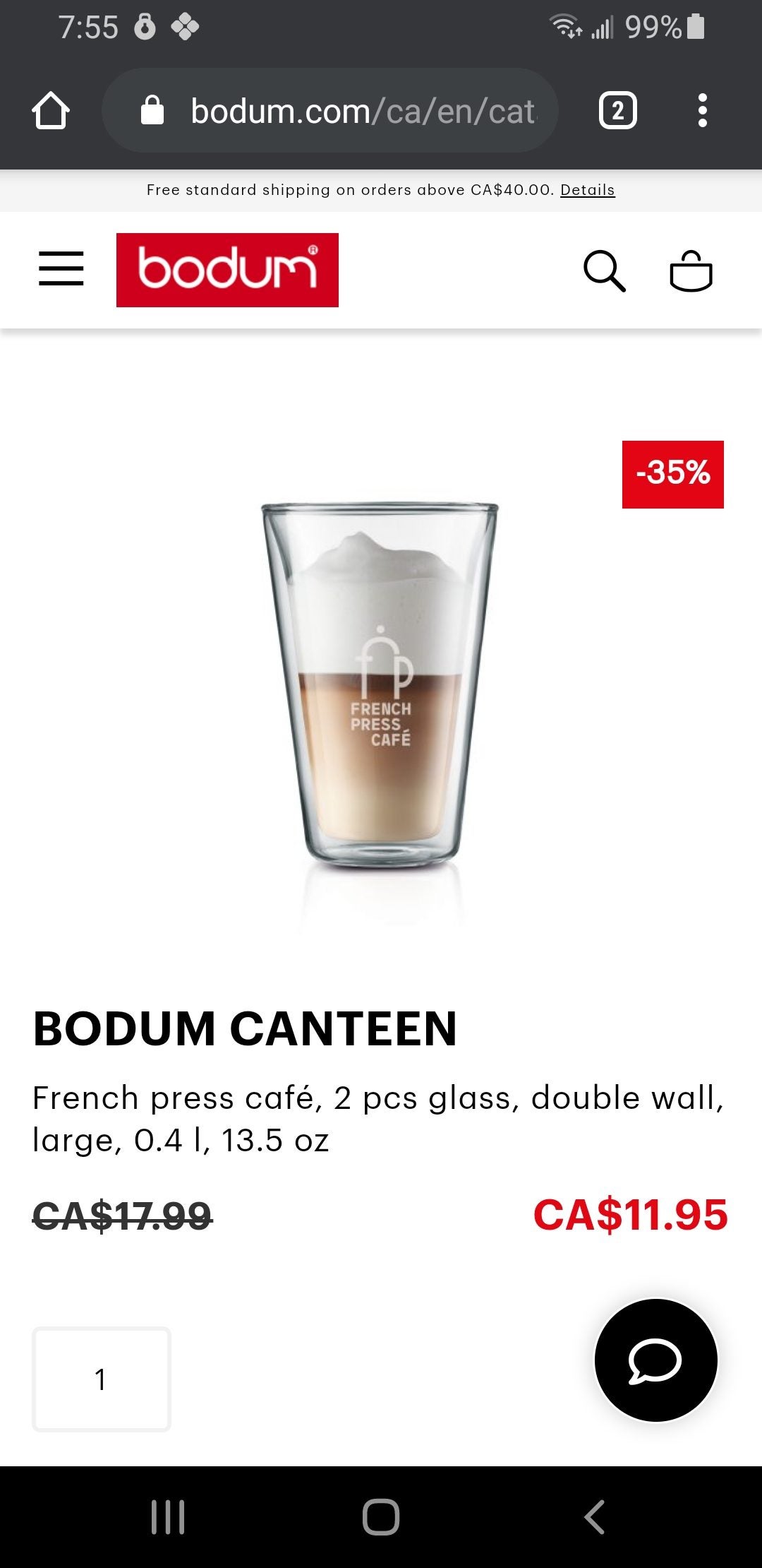 Bodum Canteen 13.5 oz Double Wall Glass Set of 6