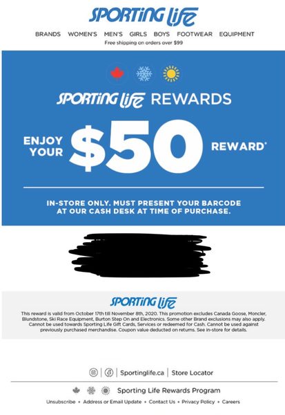 Sporting Life 50 Coupon for Sporting Life Rewards members YMMV