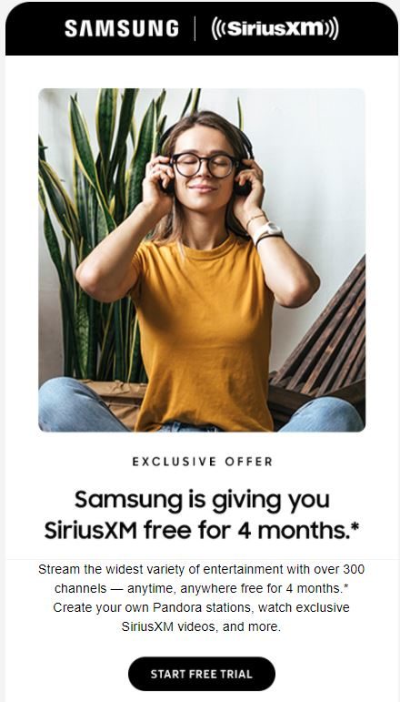 Samsung SiriusXM Samsung is giving 4 months of free SiriusXM (US Samsung SiriusXM Samsung is giving 4 months of free SiriusXM (US
