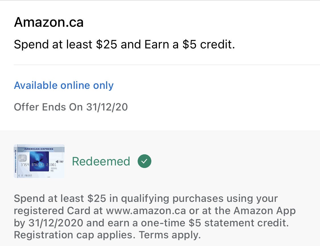 [American Express - Amazon.ca] Spend at least 25$ and earn a 5$ credit
