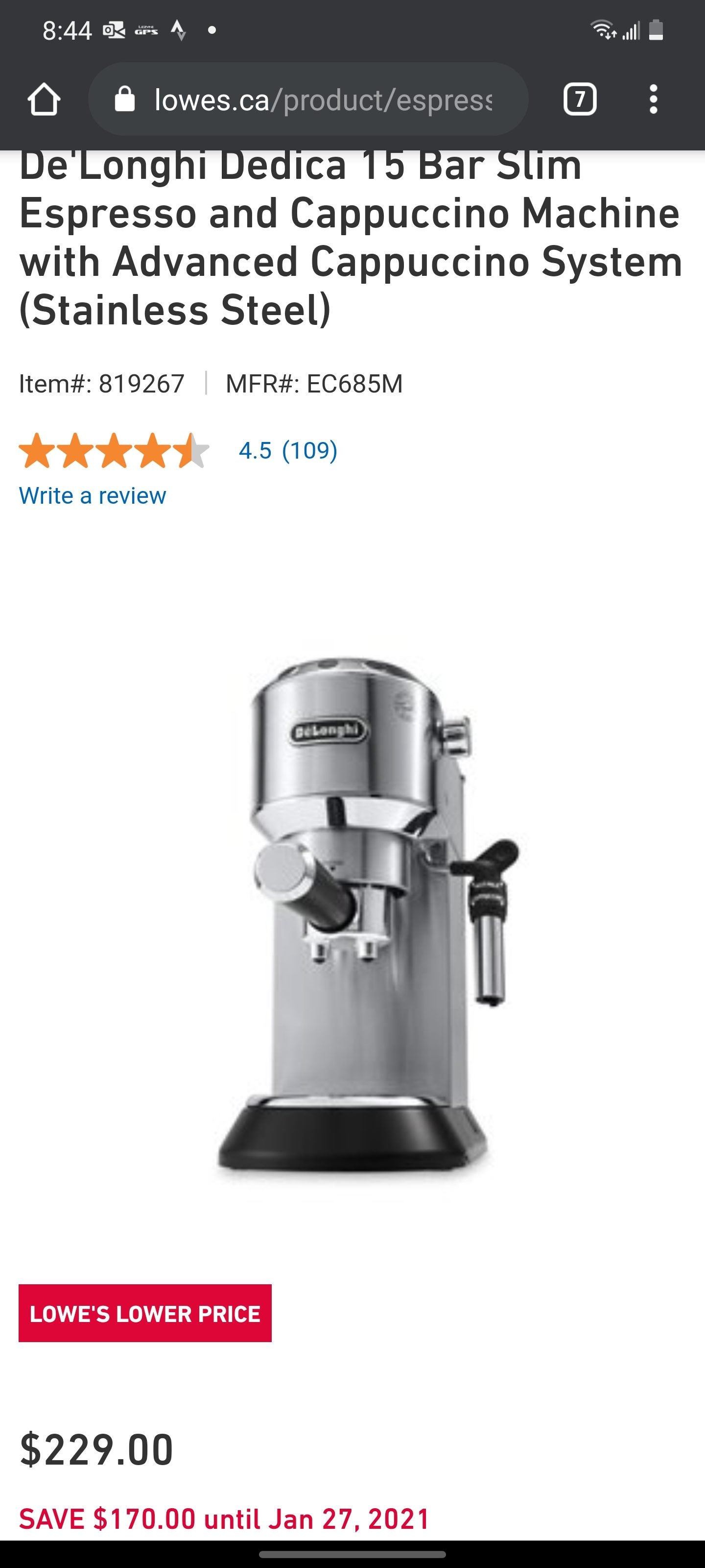 De'Longhi EC685M Dedica Deluxe Manual Pump Espresso Machine