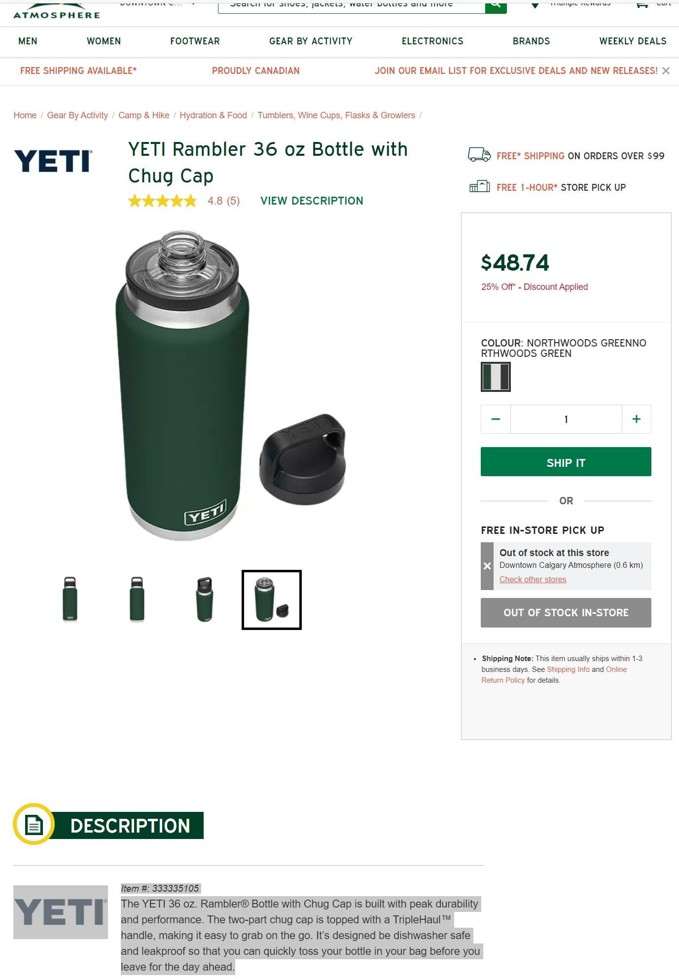 YETI Rambler Bottle - 36 oz. - Chug Cap - Northwoods Green