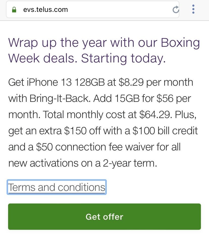 [Telus EPP] [Boxing Day] [YMMV] *UPDATED* iPhone 13 128GB for 8.29 per