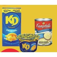 Kraft Dinner or Cups or Campbells's Chicken Noodle, Cream of Mushroom, Tomato or Vegetable Soup