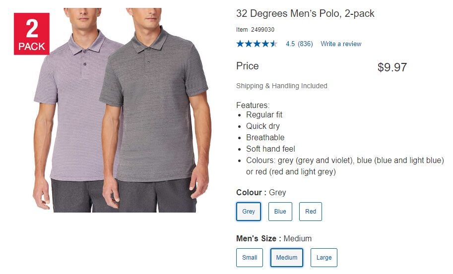32 度男士 Polo 衫，2 件装 9.97 加元 - 各种颜色和尺码