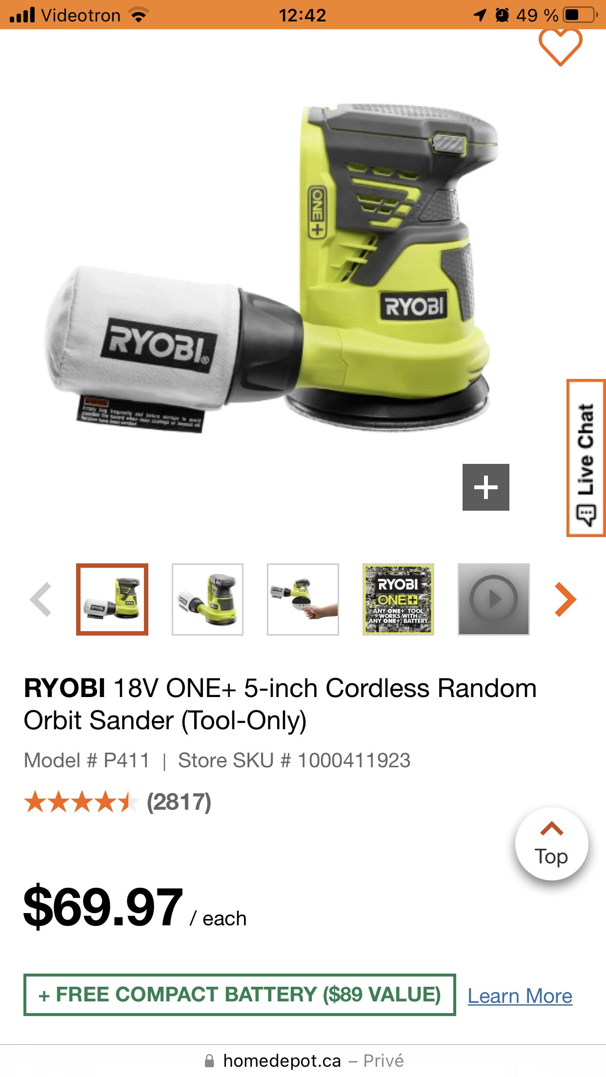 Ryobi 18v discount sander home depot