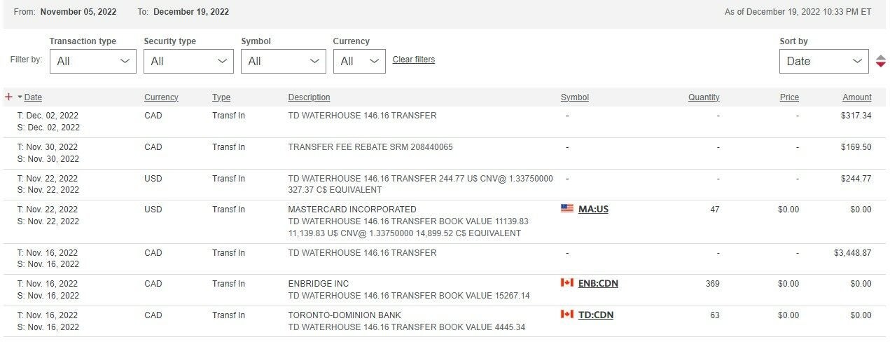 Investorline Transfer In [Various Banks- CIBC Investor's Edege, BMO InvestorLine , BNS Itrade ...