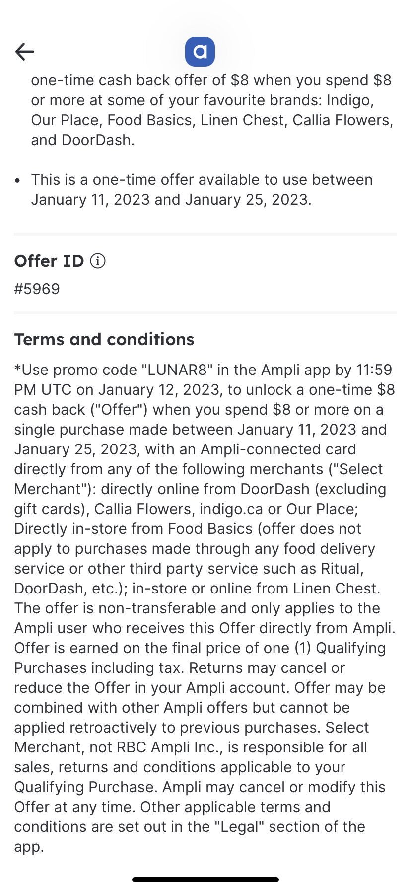 [Ampli] Spend 8 get 8 at Doordash, Food Basics, Indigo and more with
