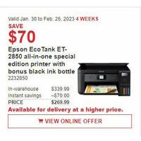 Epson Eco Tank ET-2850 All-in-One Special Edition Printer With Bonus Black Ink Bottle