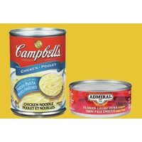 Campdell's Chicken Noodle, Cream of Mushroom, Tomato Or Vegetable Soup Or Admiral Chunk Light Or Flaked Light Tuna 