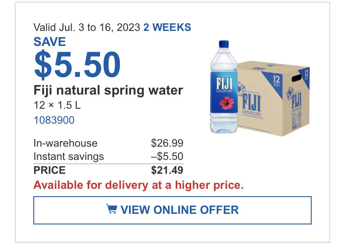 Costco Business Centre] Fiji Natural Spring Water 1.5 L - $1.79 ( case of  12 is $21.49) - RedFlagDeals.com Forums