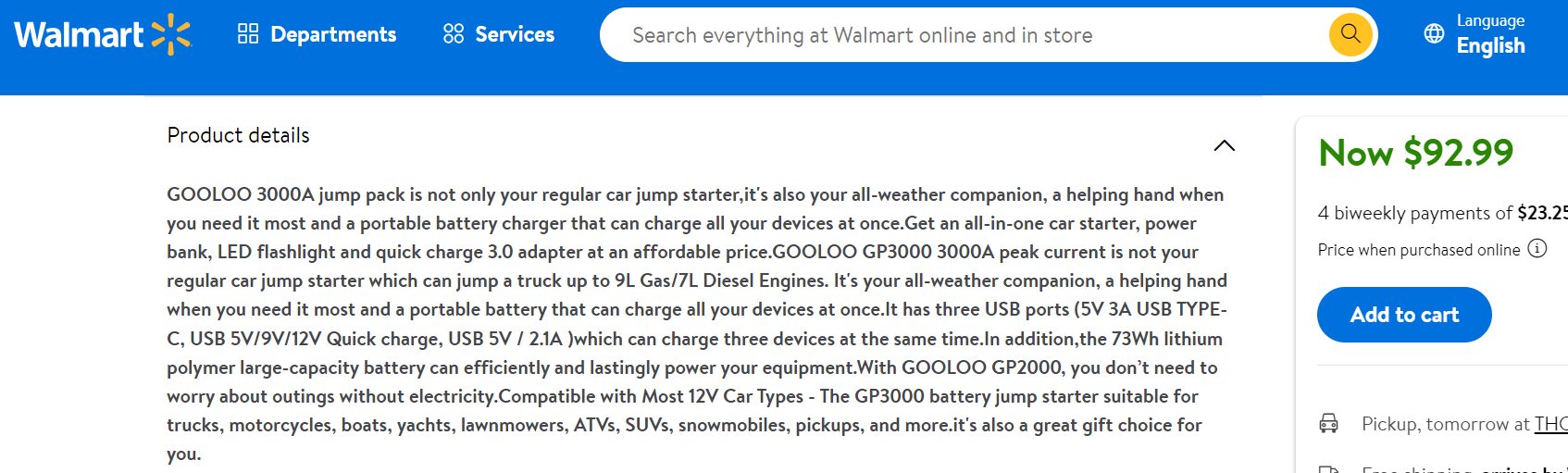 Walmart] [Black Friday] Gooloo Jump Starter GP2000 for $81.99 (52