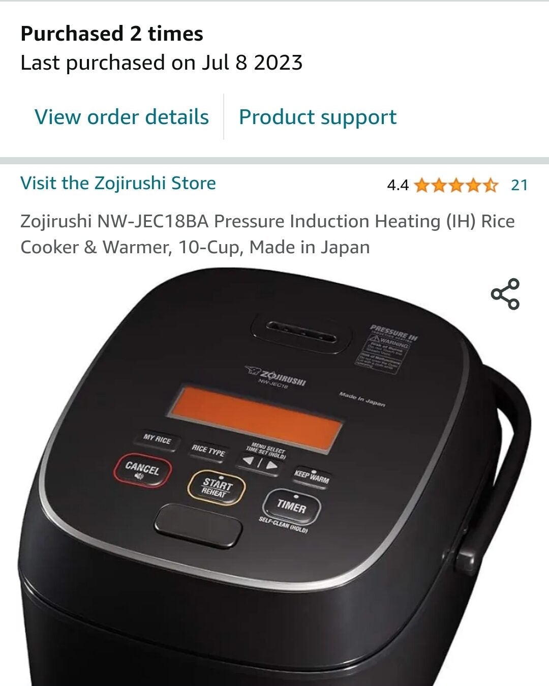 Zojirushi NW-JEC18BA Pressure Induction Heating Rice Cooker (10-Cup)