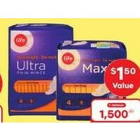 Life Brand Overnight Maxi Wing Pads or Regular Liners