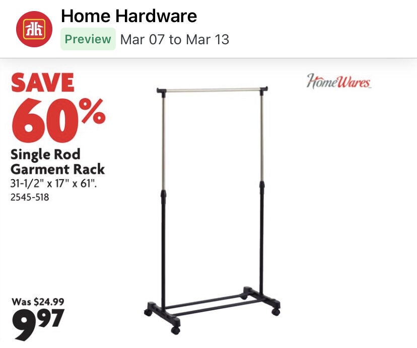 [Home Hardware] Single Rod Garment Rack $9.97 - RedFlagDeals.com Forums