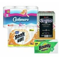 Cashmere Bathroom Tissue Triple, Savvy Soak Up Paper Towels, Scotties Facial Tissues or Bounty Napkins