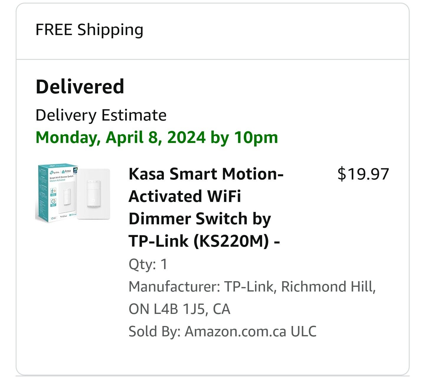 [Amazon.ca] Kasa Smart Motion Sensor Switch KS200M $14.97 ...