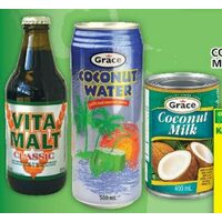 Grace, Casablanca or Cool Runnings Coconut Water or Milk, Mili Coconut Milk, Vita Malt Beverage