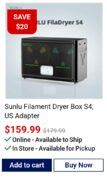 Sunlu S4 Filament dryer now $159.99, Reg $179.99. online and in-store