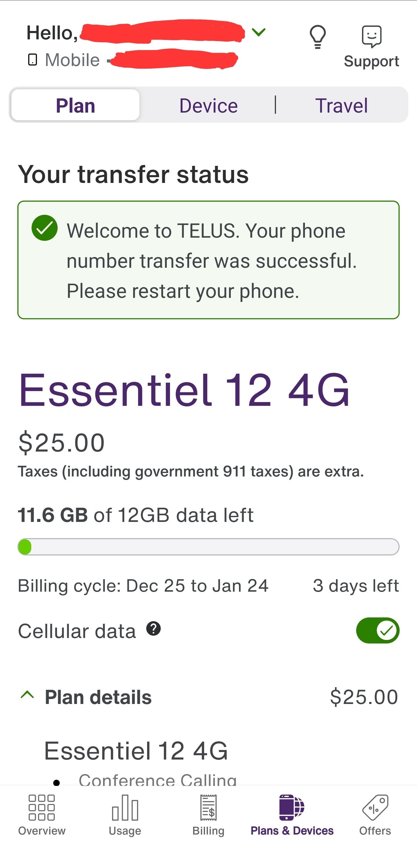 Telus Phone Plan 25 CAD per month for 12GB at 4G Speed. RedFlagDeals