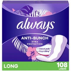 Always Anti-Bunch Xtra Protection Daily Liners, Long Length, Unscented, 108CT - x3 for $9