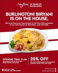 ON Burlington soft launch free chicken biryani 1st 100 customers 11 am June 7