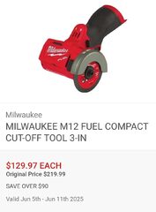 M12 3" cut-off bare tool $129.97- ATL?