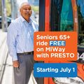 Mississauga public transit free for seniors (age 65 and up) with Presto cards starting July 1