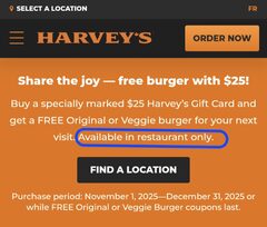 FREE Burger With Purchase Of Harvey's Gift Card