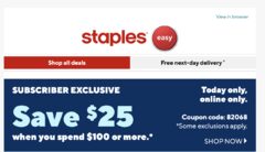 Staples Cyber Monday - $25 off $100 Coupon
