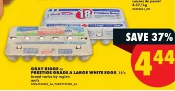 [No Frills] [ON] Gray Ridge or Prestige Grade A Large White Eggs 18pk ($4.44) Sept 24-30th