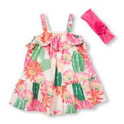 Baby Girls Sleeveless Cactus Print Ruffle Dress Floral Headwrap And Bloomers Set - $15.60 ($24.35 Off)