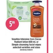 Vaseline Intensive Care Cocoa Radiant Lotion Or Simple Cleansing Facial Wipes - $5.99
